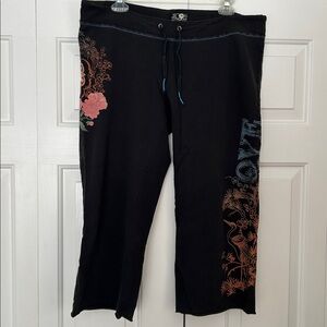 Vintage Y2K LUCKY BRAND Sweatpants Floral Graphic Oriental Bird FLAWED Medium
